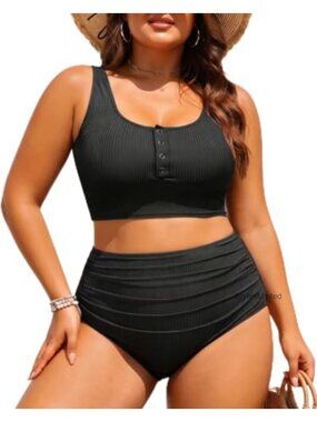 Plus Size High Waisted Bikini Set Tummy Control Ribbed Bathing Suit
